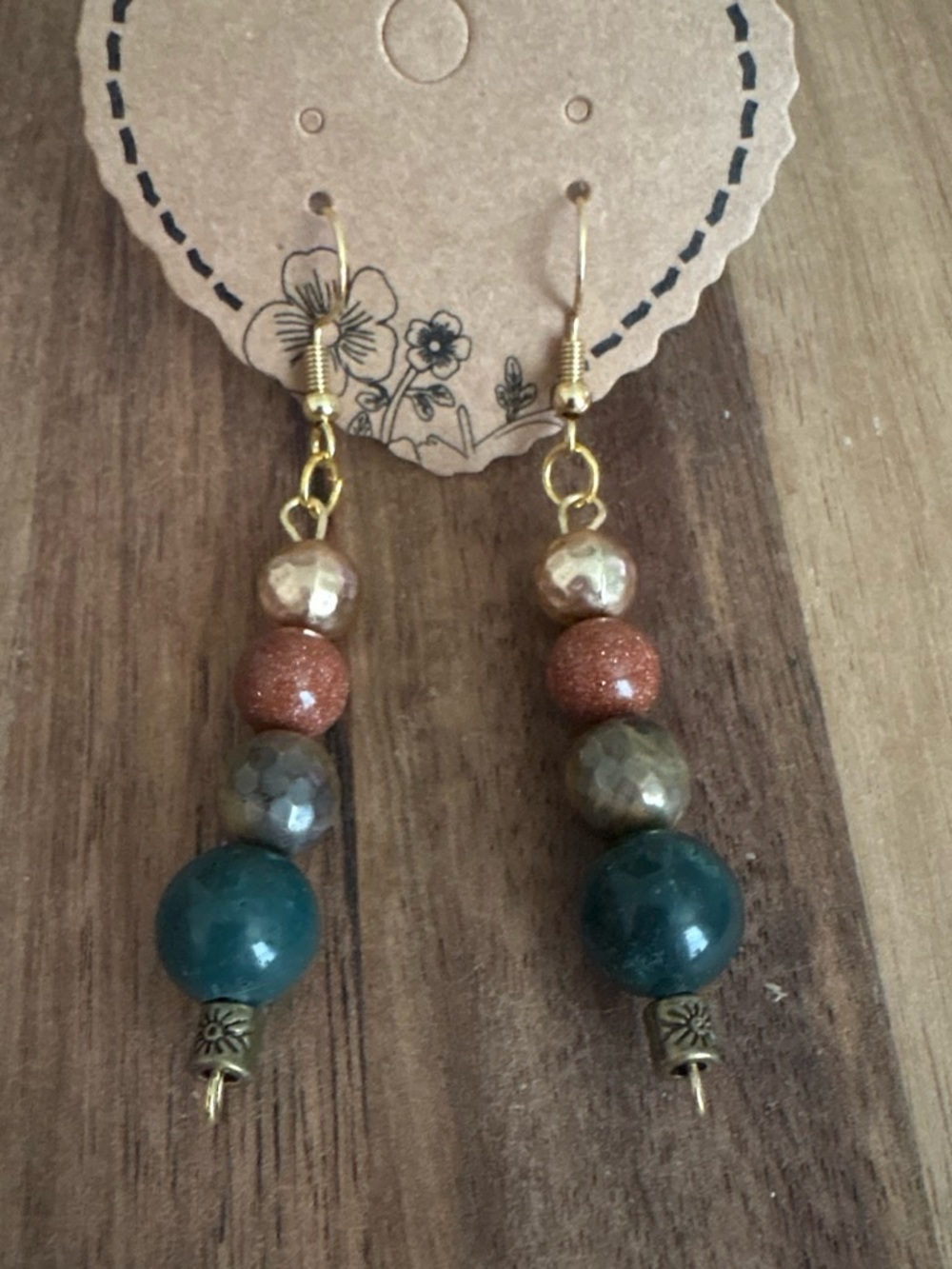 Handcrafted Beaded Drop Earrings w/ Indian Agate, Goldstone, Plated Tigers Eye